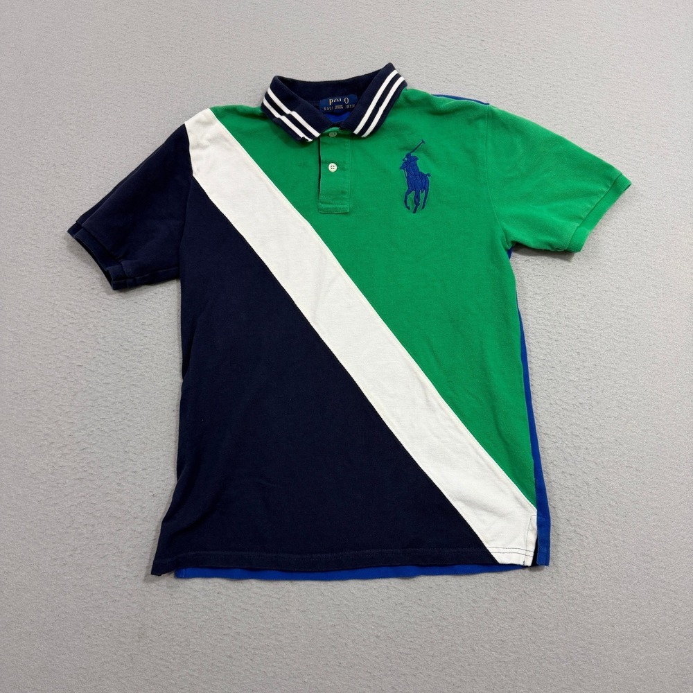 Polo Ralph Lauren Polo Shirt Boys L 14-16 Green Blue White Colorblock Big Pony
